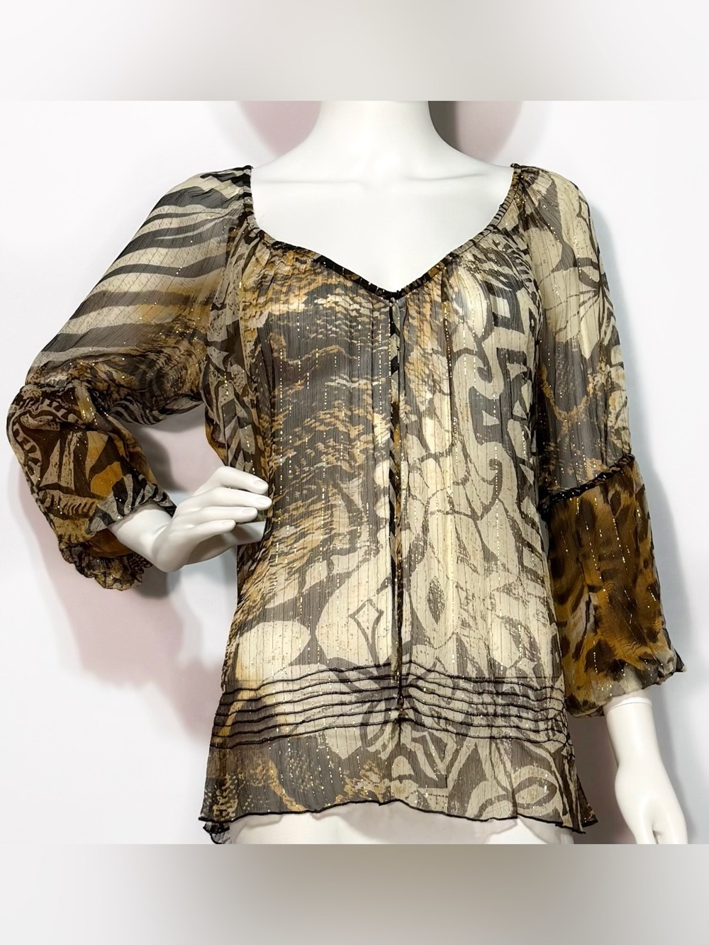 Cache rétro bohemian silk & metallic sheer multi print blouse | Size L